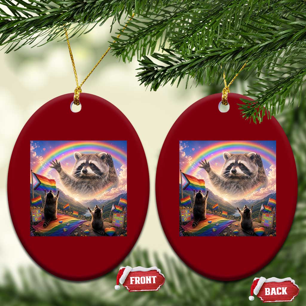 LGBTQ Pride Raccoon Rainbow Flag Ceramic Ornament Two Raccoons Howling to The Rainbow