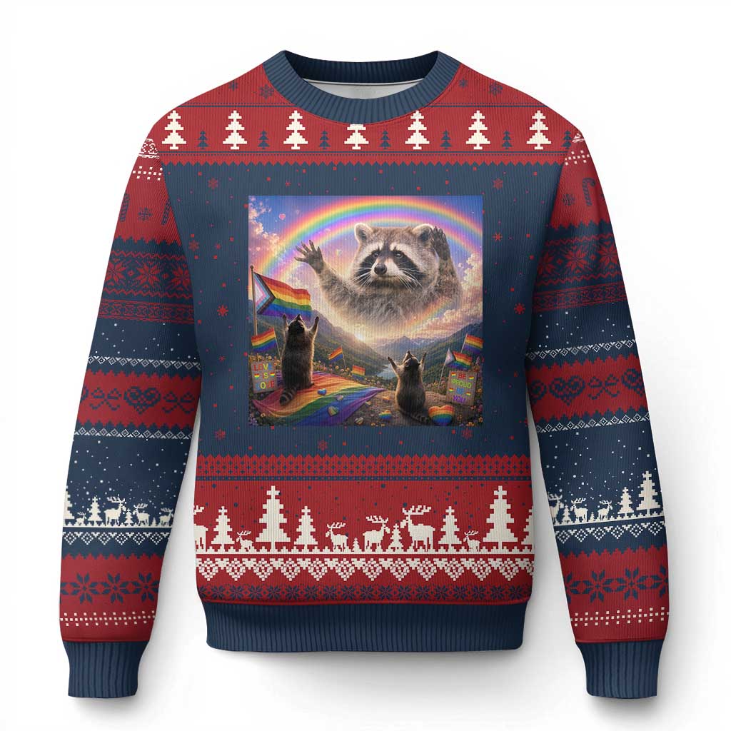 LGBTQ Pride Raccoon Rainbow Flag Ugly Christmas Sweater Two Raccoons Howling to The Rainbow
