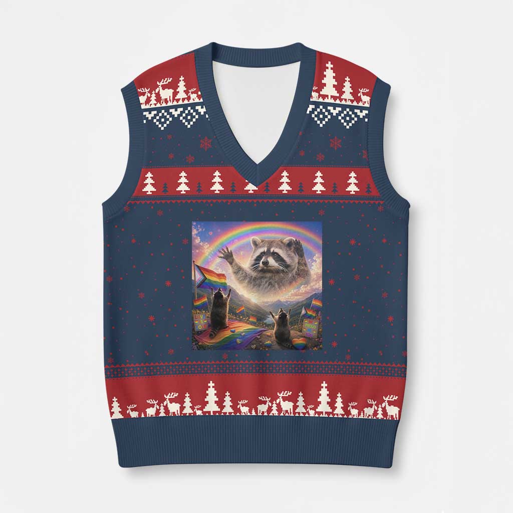 LGBTQ Pride Raccoon Rainbow Flag V-Neck Knit Sweater Vest Two Raccoons Howling to The Rainbow