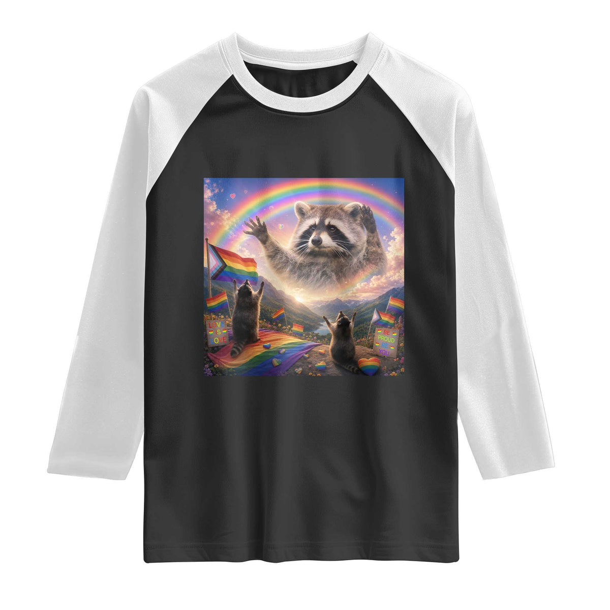 LGBTQ Pride Raccoon Rainbow Flag Raglan Shirt Two Raccoons Howling to The Rainbow