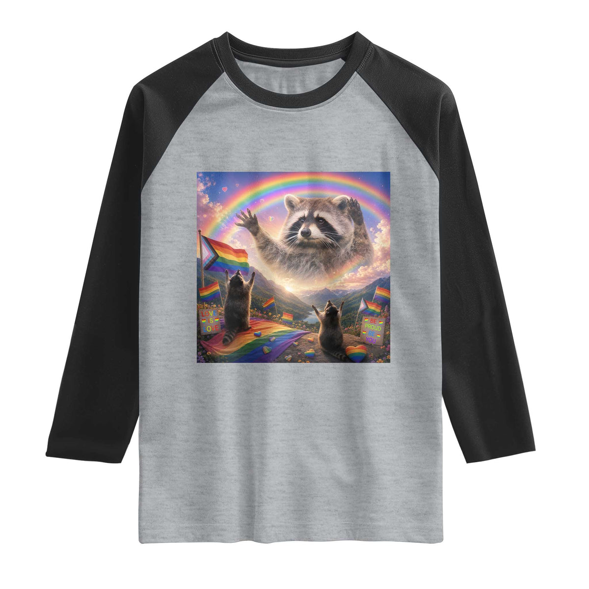 LGBTQ Pride Raccoon Rainbow Flag Raglan Shirt Two Raccoons Howling to The Rainbow