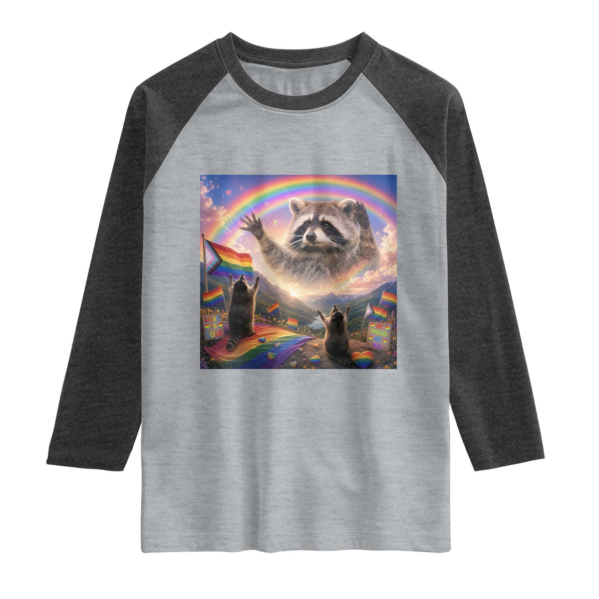 LGBTQ Pride Raccoon Rainbow Flag Raglan Shirt Two Raccoons Howling to The Rainbow