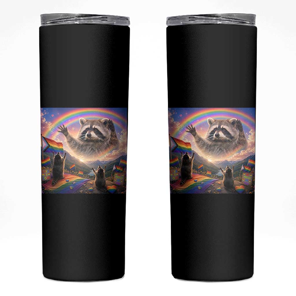 LGBTQ Pride Raccoon Rainbow Flag Skinny Tumbler Two Raccoons Howling to The Rainbow