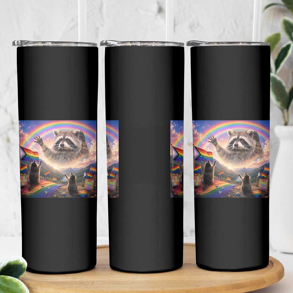 LGBTQ Pride Raccoon Rainbow Flag Skinny Tumbler Two Raccoons Howling to The Rainbow