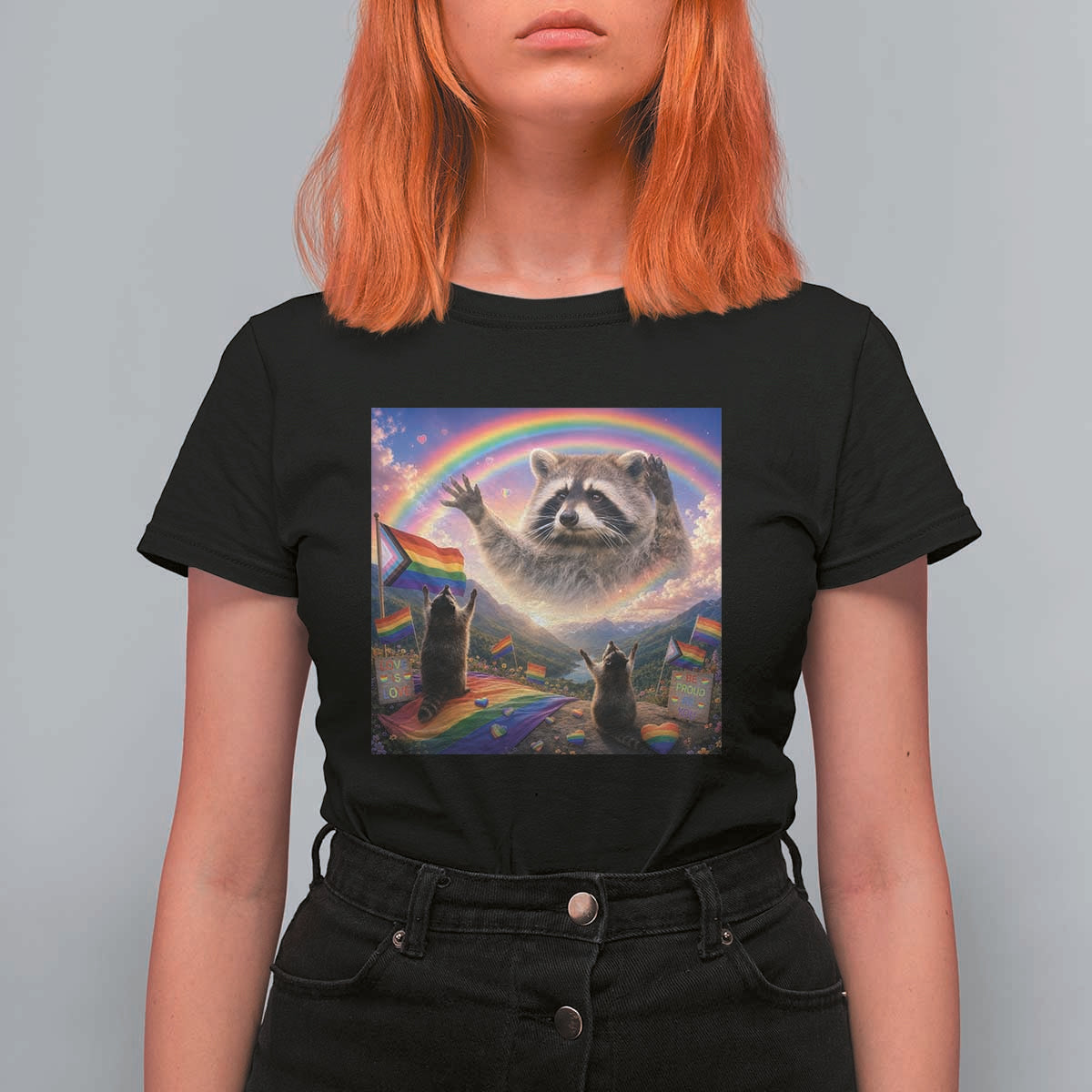 LGBTQ Pride Raccoon Rainbow Flag T Shirt For Women Two Raccoons Howling to The Rainbow