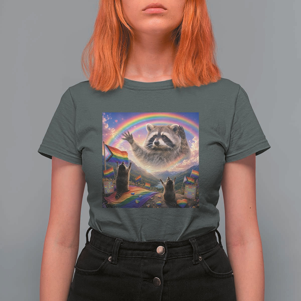 LGBTQ Pride Raccoon Rainbow Flag T Shirt For Women Two Raccoons Howling to The Rainbow