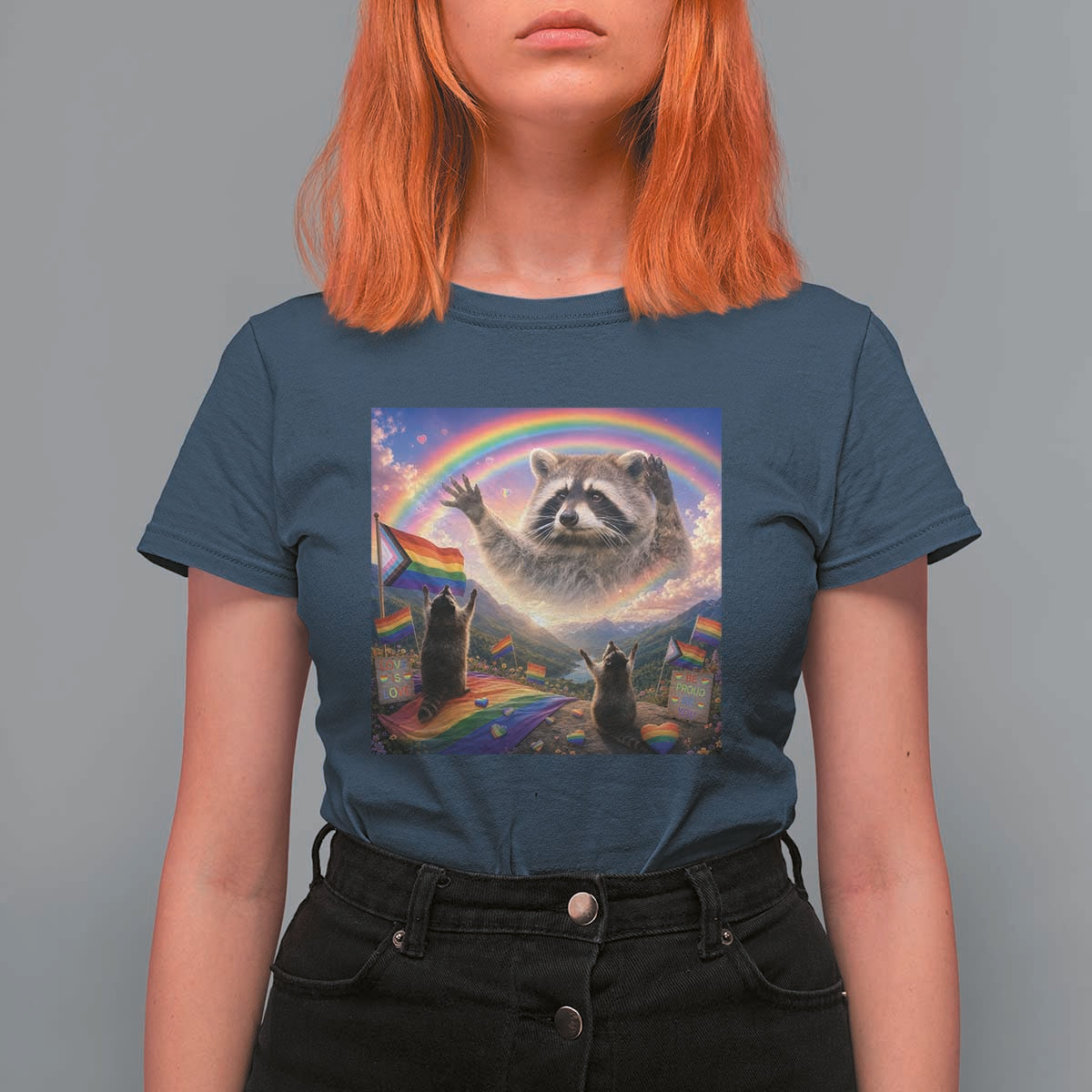 LGBTQ Pride Raccoon Rainbow Flag T Shirt For Women Two Raccoons Howling to The Rainbow