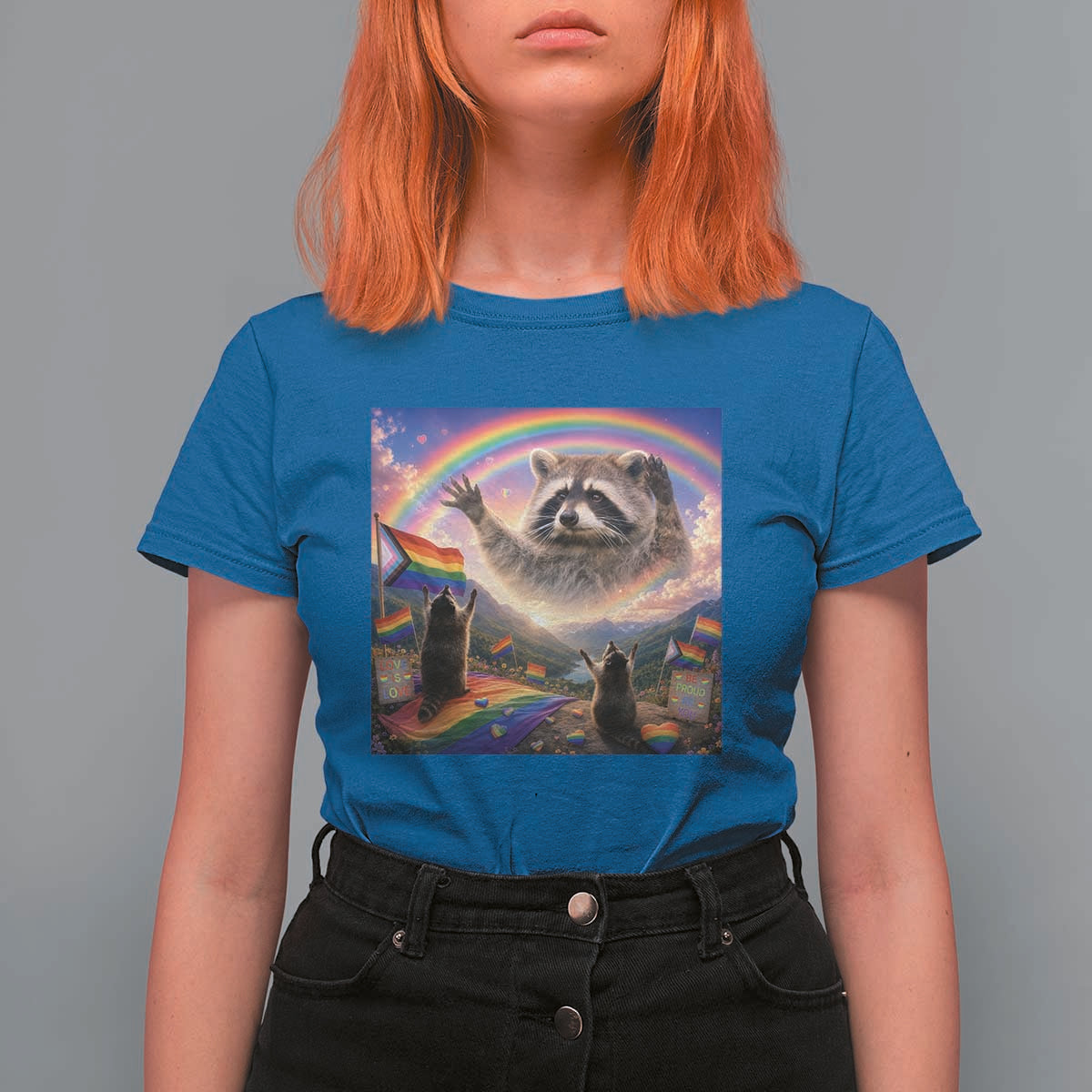 LGBTQ Pride Raccoon Rainbow Flag T Shirt For Women Two Raccoons Howling to The Rainbow