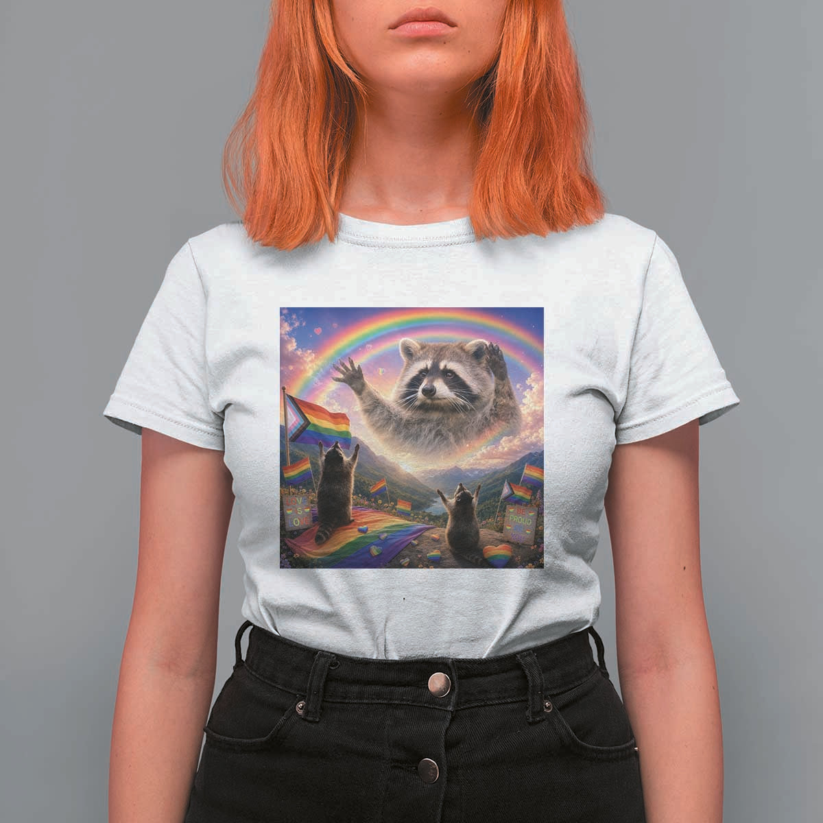 LGBTQ Pride Raccoon Rainbow Flag T Shirt For Women Two Raccoons Howling to The Rainbow