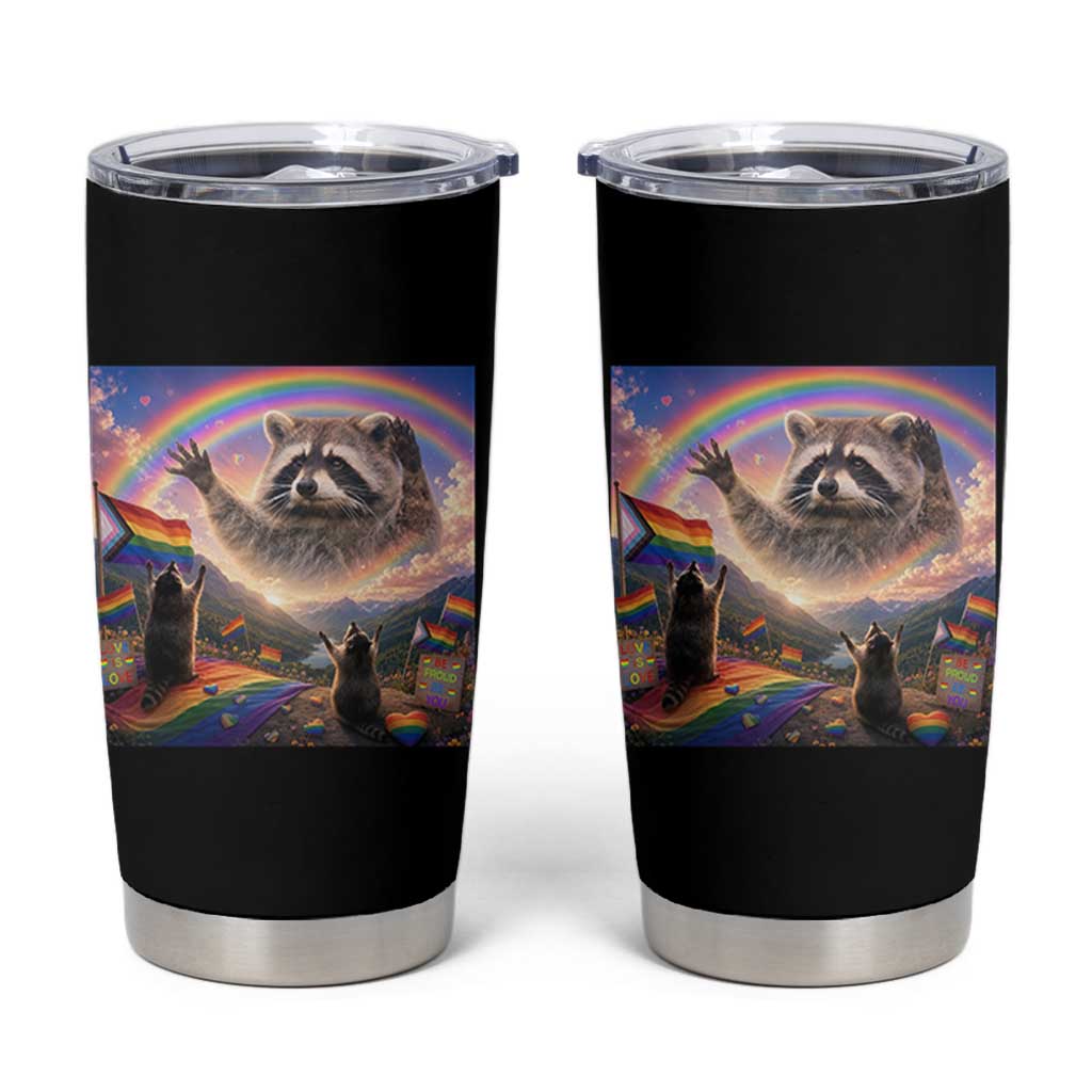 LGBTQ Pride Raccoon Rainbow Flag Tumbler Cup Two Raccoons Howling to The Rainbow
