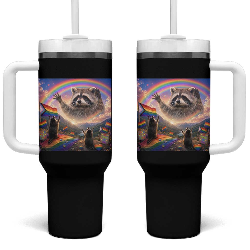 LGBTQ Pride Raccoon Rainbow Flag Tumbler With Handle Two Raccoons Howling to The Rainbow