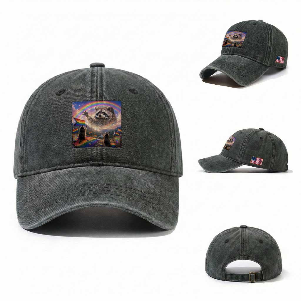 LGBTQ Pride Raccoon Rainbow Flag Washed Cotton Baseball Cap Two Raccoons Howling to The Rainbow