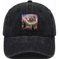 LGBTQ Pride Raccoon Rainbow Flag Washed Cotton Baseball Cap Two Raccoons Howling to The Rainbow