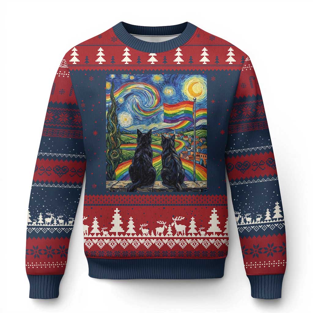 Cat Gay Pride Ugly Christmas Sweater Starry Night Style LGBTQ Pride Support