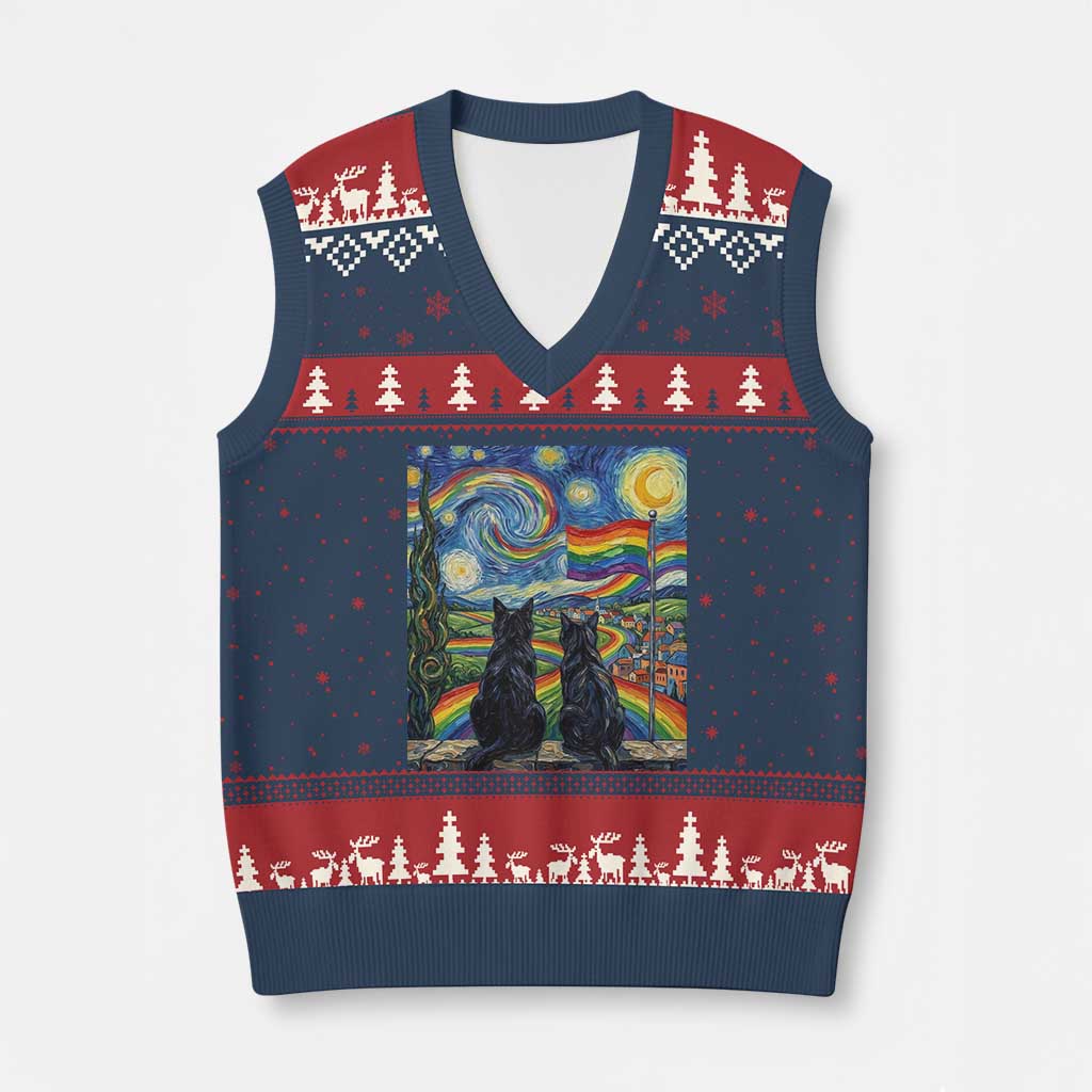 Cat Gay Pride V-Neck Knit Sweater Vest Starry Night Style LGBTQ Pride Support