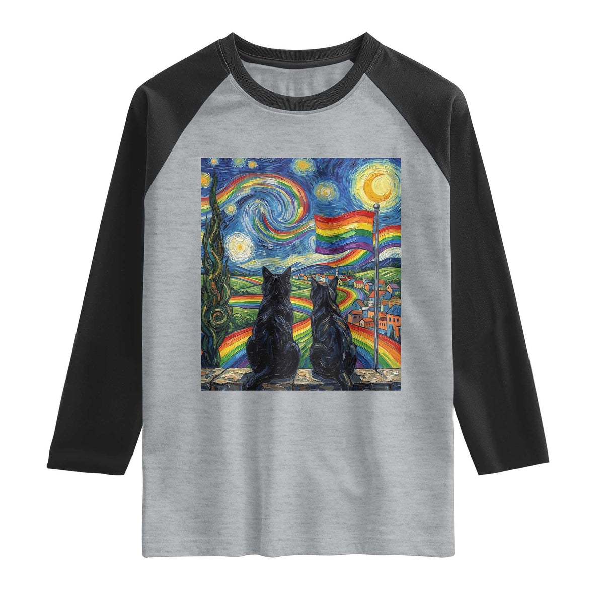 Cat Gay Pride Raglan Shirt Starry Night Style LGBTQ Pride Support