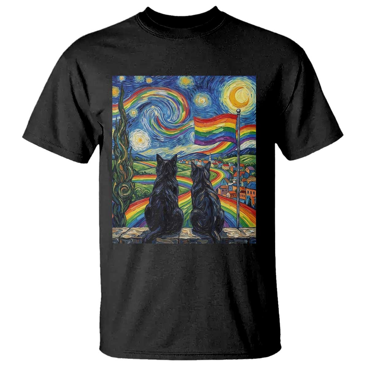 Cat Gay Pride T Shirt Starry Night Style LGBTQ Pride Support