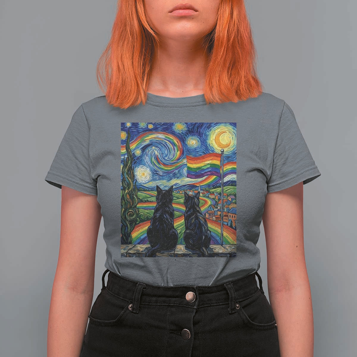 Cat Gay Pride T Shirt For Women Starry Night Style LGBTQ Pride Support