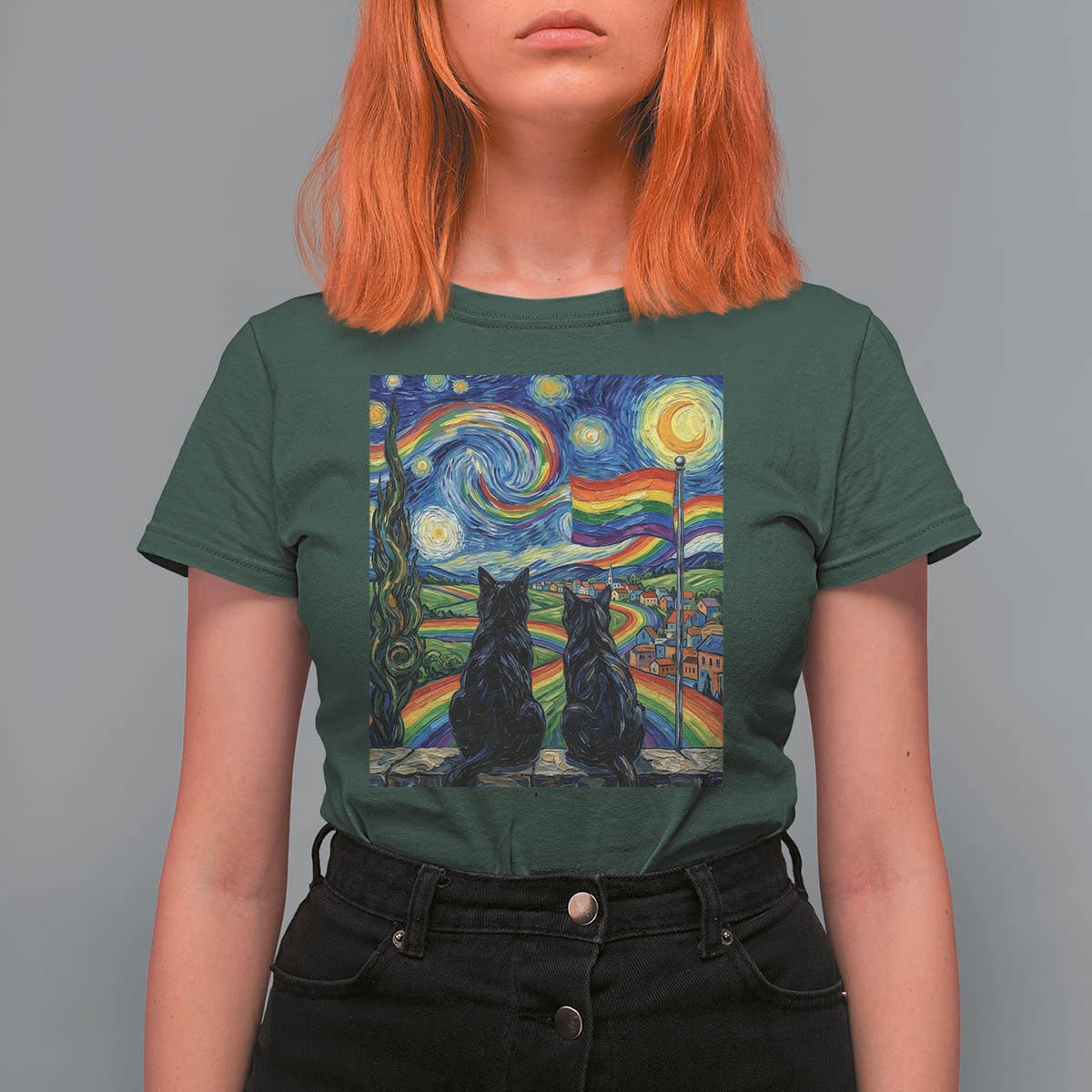 Cat Gay Pride T Shirt For Women Starry Night Style LGBTQ Pride Support
