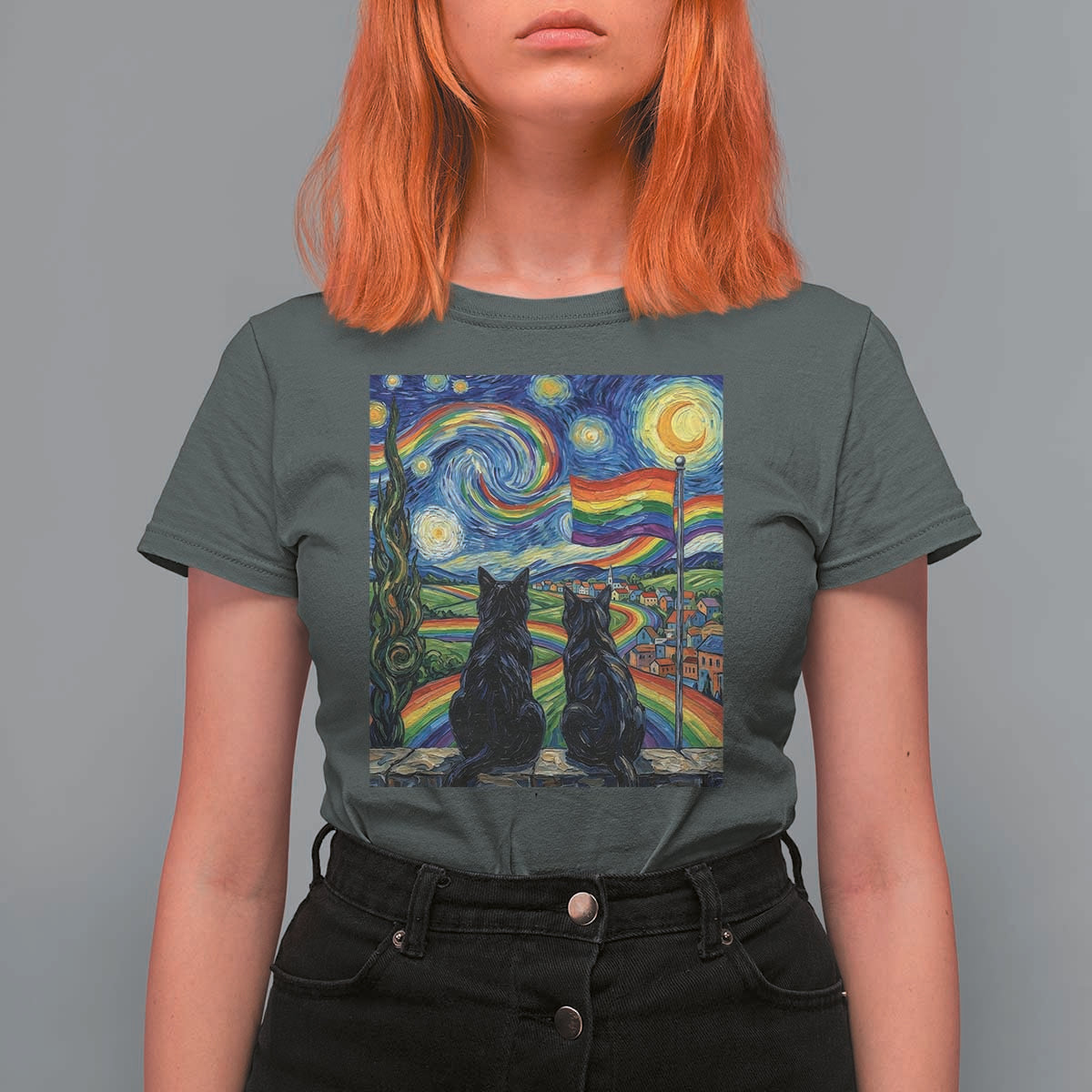 Cat Gay Pride T Shirt For Women Starry Night Style LGBTQ Pride Support
