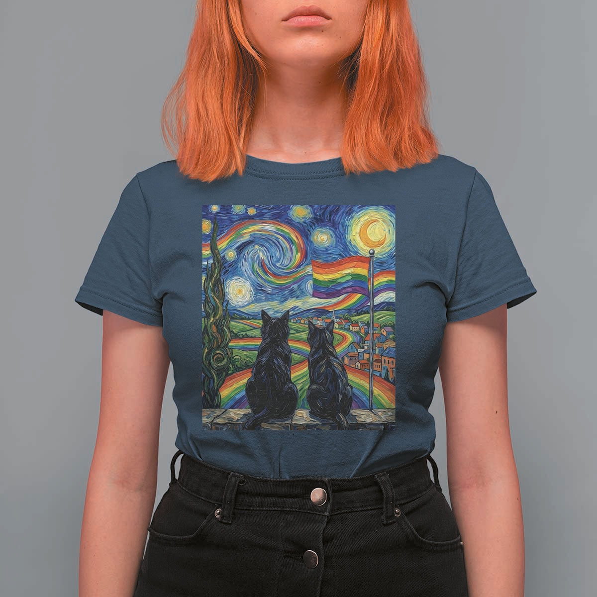 Cat Gay Pride T Shirt For Women Starry Night Style LGBTQ Pride Support