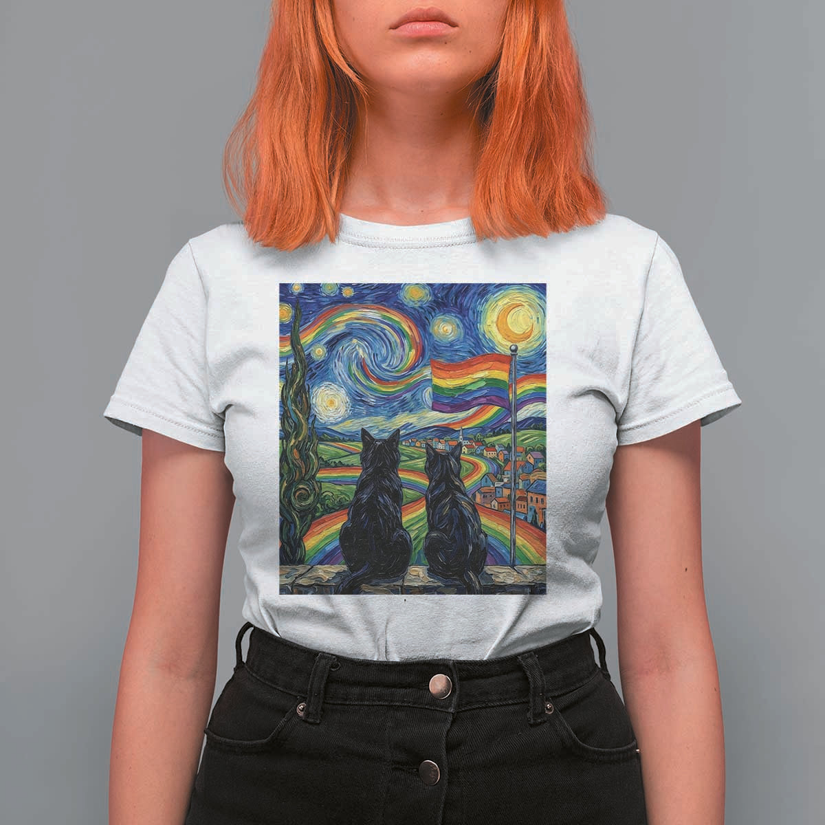 Cat Gay Pride T Shirt For Women Starry Night Style LGBTQ Pride Support