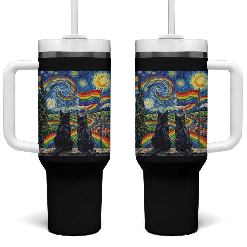 Cat Gay Pride Tumbler With Handle Starry Night Style LGBTQ Pride Support