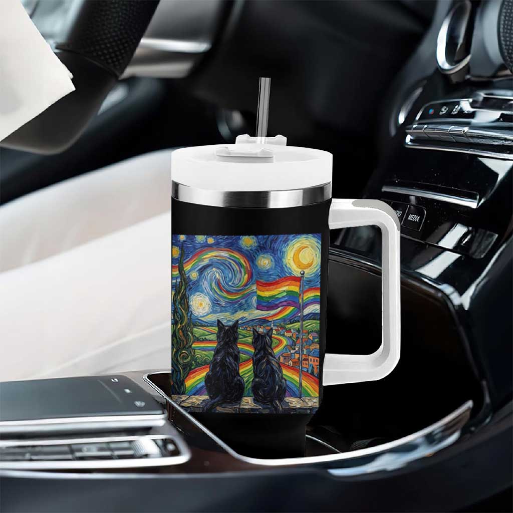 Cat Gay Pride Tumbler With Handle Starry Night Style LGBTQ Pride Support