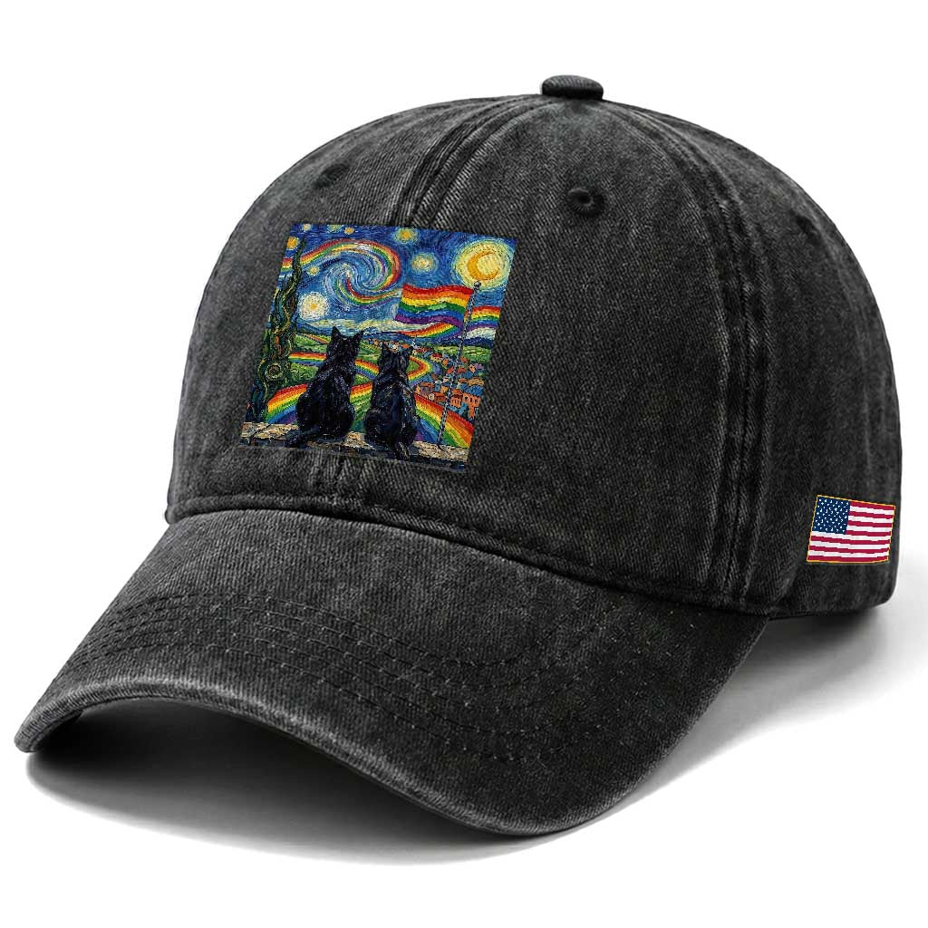 Cat Gay Pride Washed Cotton Baseball Cap Starry Night Style LGBTQ Pride Support