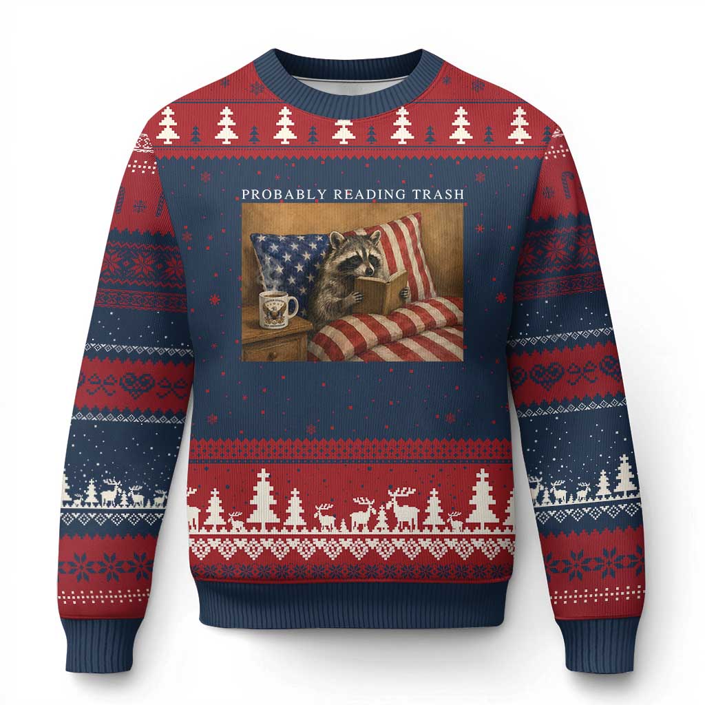 Probably Reading Trash Racoon Ugly Christmas Sweater Funny Racoon Book Lover 4th of July