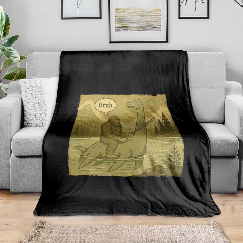 Funny Bigfoot Fishing Throw Blanket Sasquatch Loch Ness Monster Introvert Bruh - Wonder Print Shop
