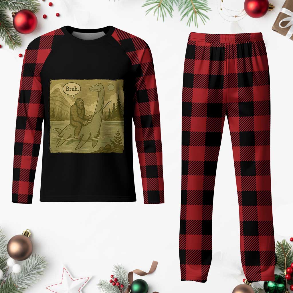 Funny Bigfoot Fishing Plaid Pajama Set Sasquatch Loch Ness Monster Introvert Bruh - Wonder Print Shop