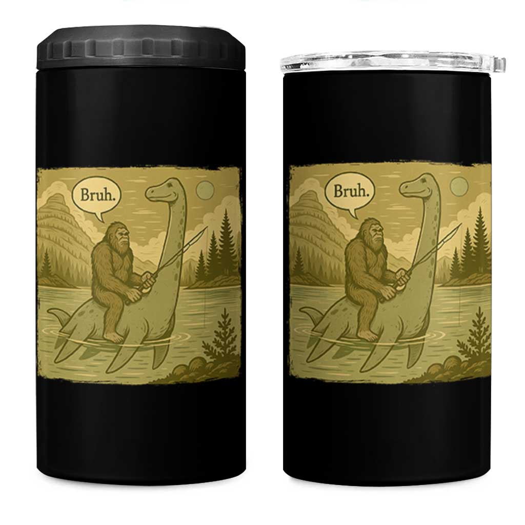 Funny Bigfoot Fishing 4 in 1 Can Cooler Tumbler Sasquatch Loch Ness Monster Introvert Bruh - Wonder Print Shop