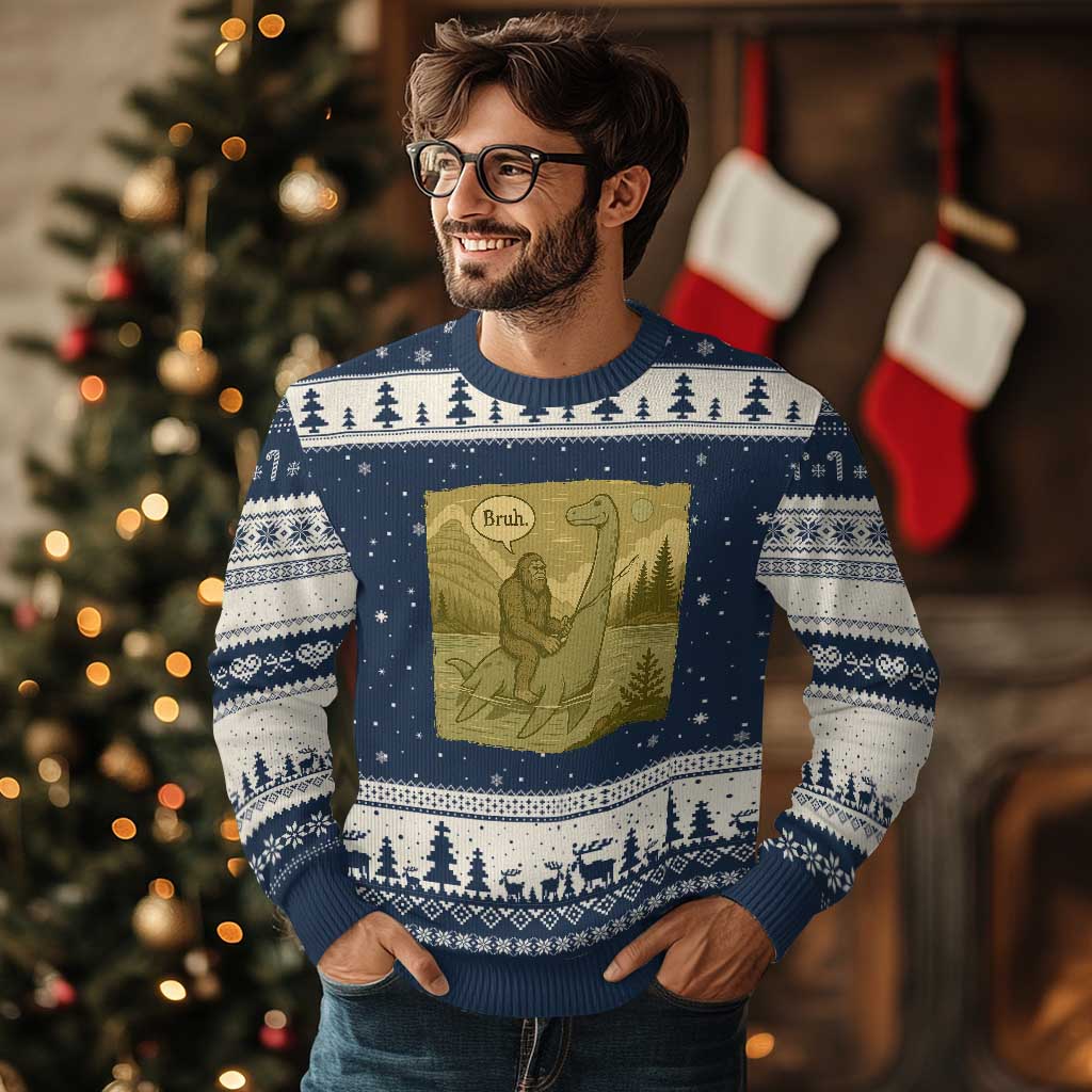 Funny Bigfoot Fishing Ugly Christmas Sweater Sasquatch Loch Ness Monster Introvert Bruh - Wonder Print Shop