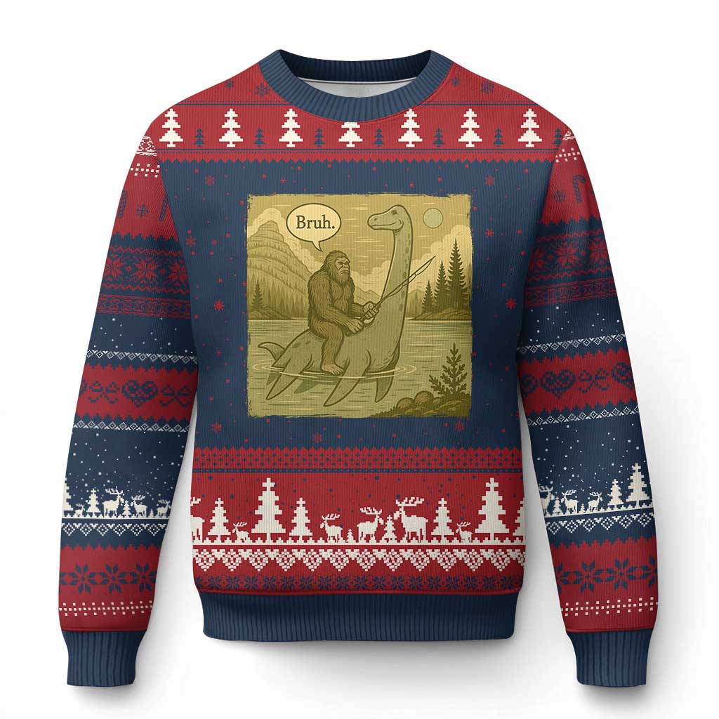 Funny Bigfoot Fishing Ugly Christmas Sweater Sasquatch Loch Ness Monster Introvert Bruh - Wonder Print Shop