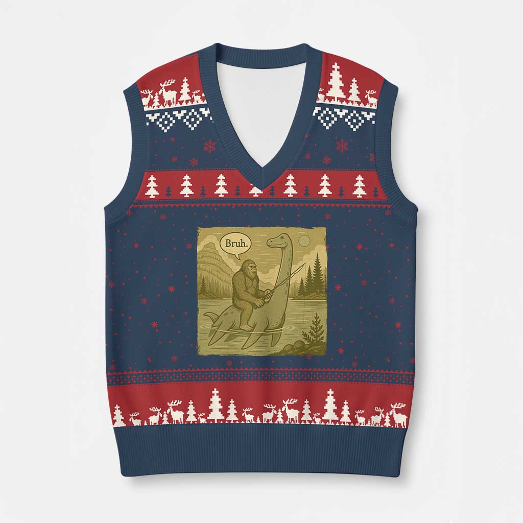 Funny Bigfoot Fishing V-Neck Knit Sweater Vest Sasquatch Loch Ness Monster Introvert Bruh - Wonder Print Shop