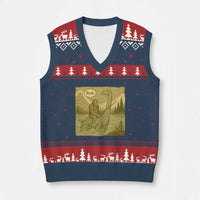 Funny Bigfoot Fishing V-Neck Knit Sweater Vest Sasquatch Loch Ness Monster Introvert Bruh - Wonder Print Shop