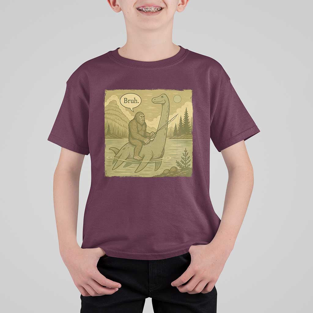 Funny Bigfoot Fishing T Shirt For Kid Sasquatch Loch Ness Monster Introvert Bruh - Wonder Print Shop