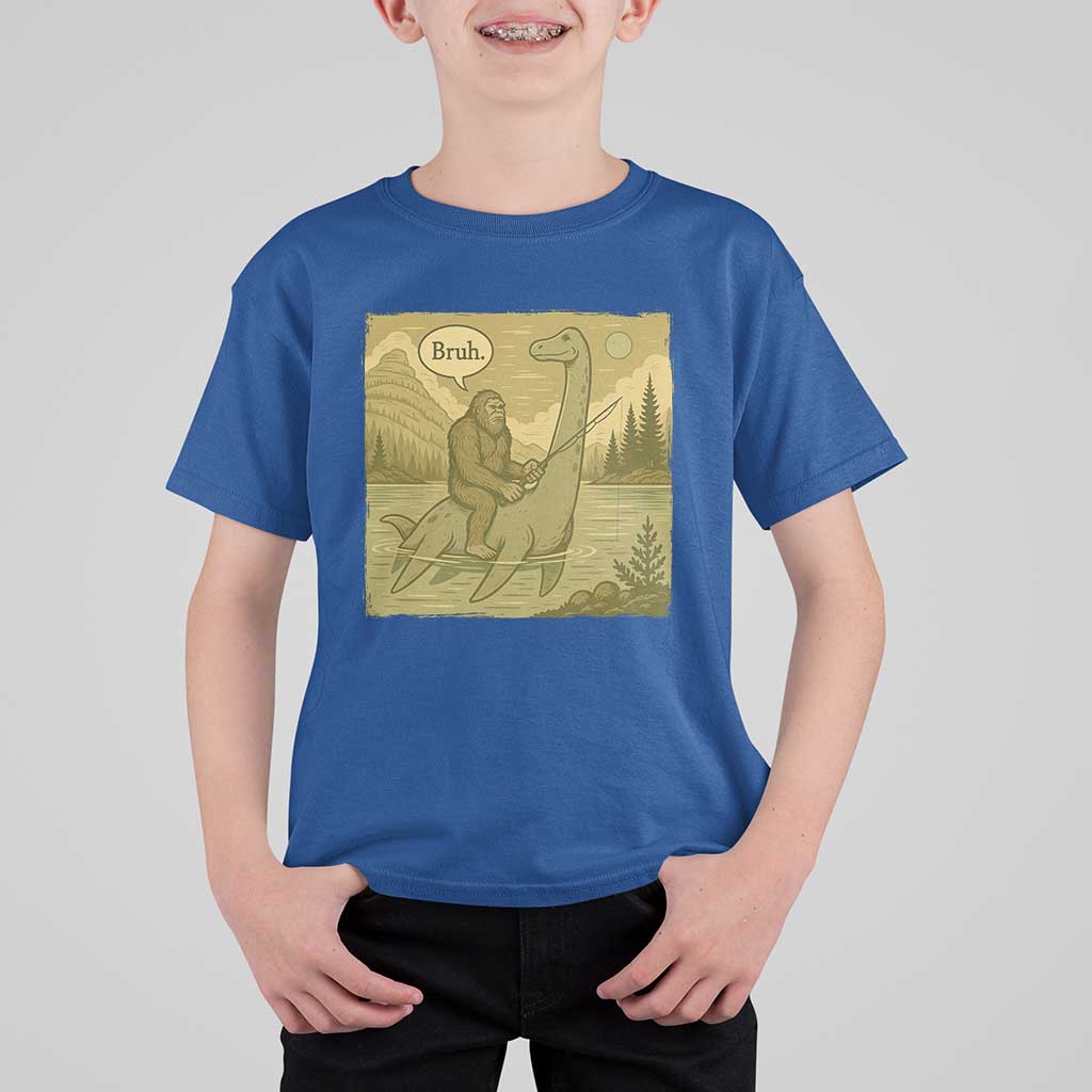 Funny Bigfoot Fishing T Shirt For Kid Sasquatch Loch Ness Monster Introvert Bruh - Wonder Print Shop