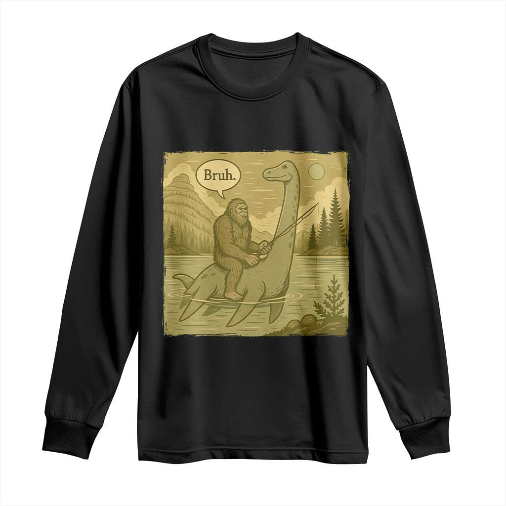 Funny Bigfoot Fishing Long Sleeve Shirt Sasquatch Loch Ness Monster Introvert Bruh - Wonder Print Shop
