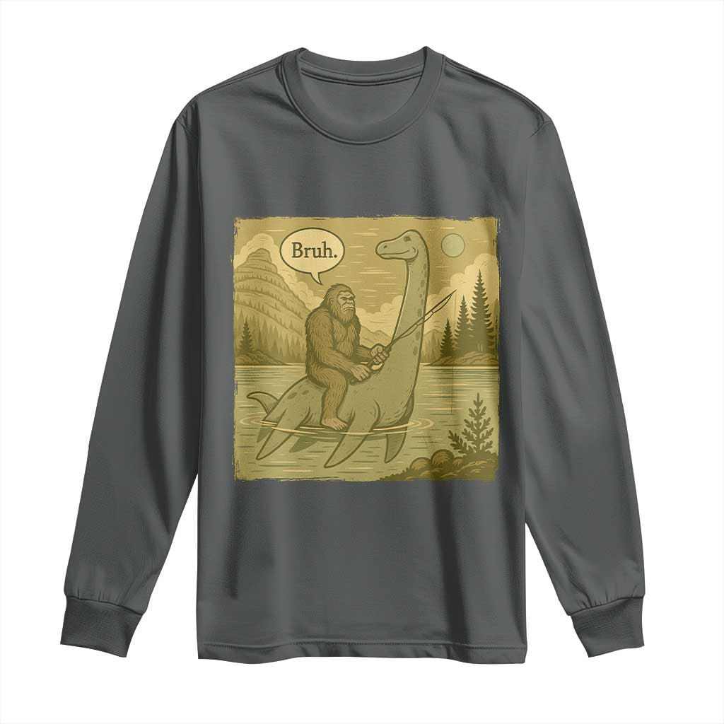 Funny Bigfoot Fishing Long Sleeve Shirt Sasquatch Loch Ness Monster Introvert Bruh - Wonder Print Shop