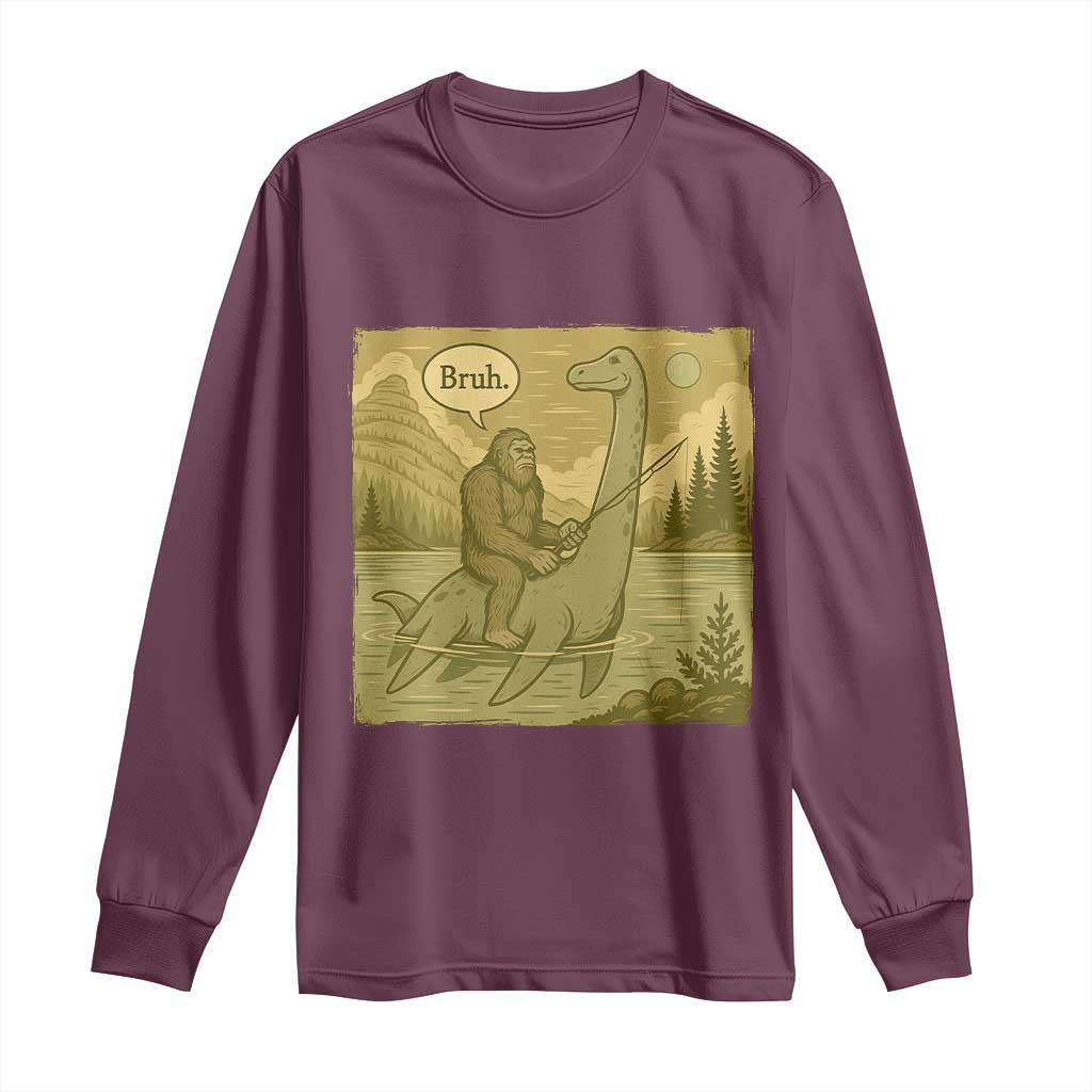 Funny Bigfoot Fishing Long Sleeve Shirt Sasquatch Loch Ness Monster Introvert Bruh - Wonder Print Shop
