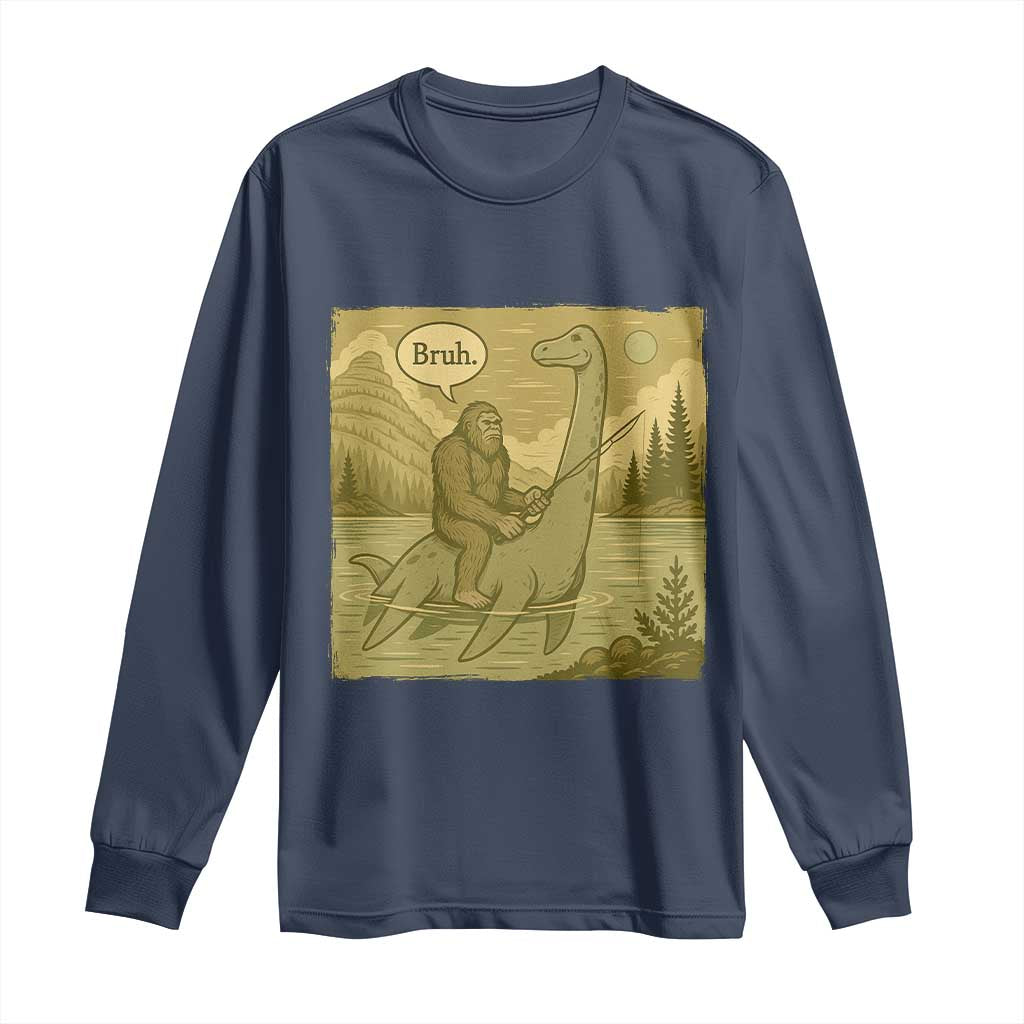 Funny Bigfoot Fishing Long Sleeve Shirt Sasquatch Loch Ness Monster Introvert Bruh - Wonder Print Shop