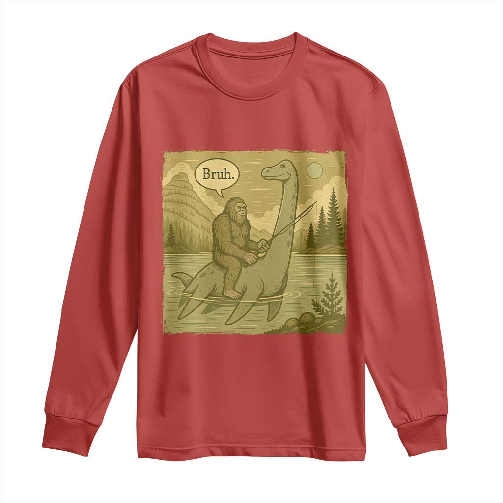Funny Bigfoot Fishing Long Sleeve Shirt Sasquatch Loch Ness Monster Introvert Bruh - Wonder Print Shop