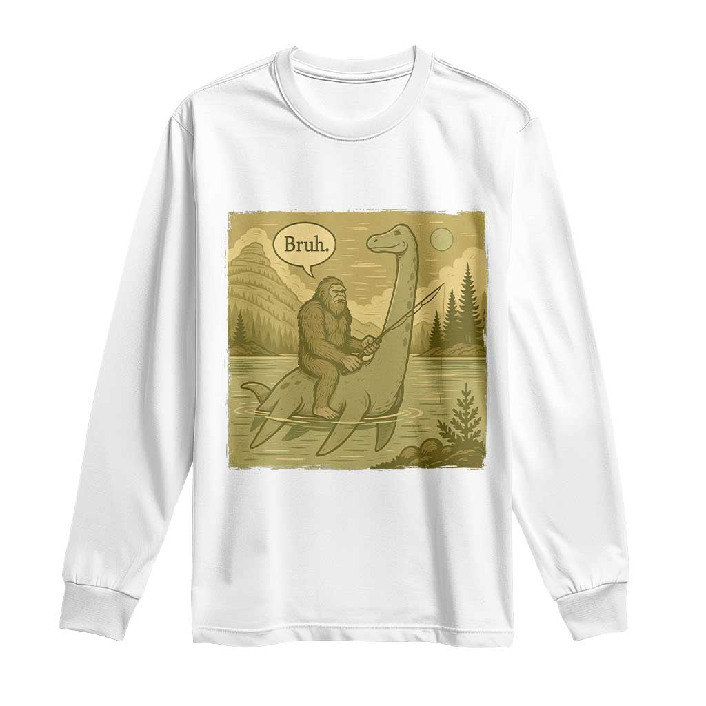 Funny Bigfoot Fishing Long Sleeve Shirt Sasquatch Loch Ness Monster Introvert Bruh - Wonder Print Shop