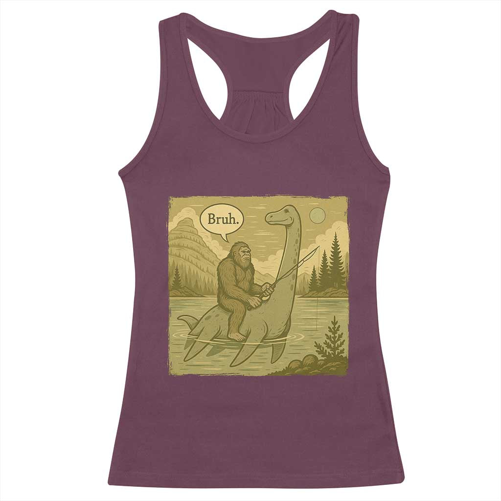 Funny Bigfoot Fishing Racerback Tank Top Sasquatch Loch Ness Monster Introvert Bruh - Wonder Print Shop
