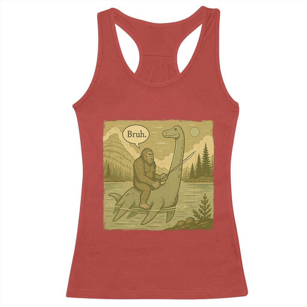 Funny Bigfoot Fishing Racerback Tank Top Sasquatch Loch Ness Monster Introvert Bruh - Wonder Print Shop