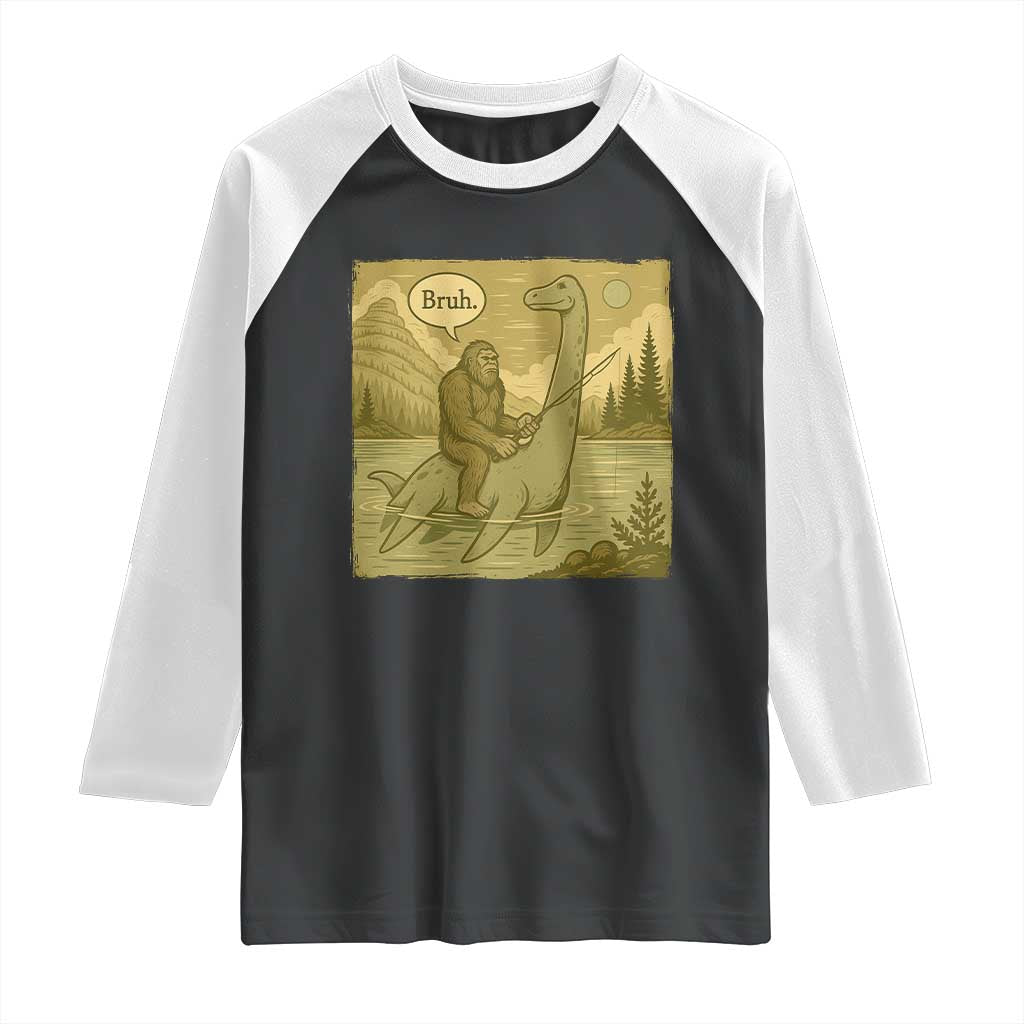 Funny Bigfoot Fishing Raglan Shirt Sasquatch Loch Ness Monster Introvert Bruh - Wonder Print Shop