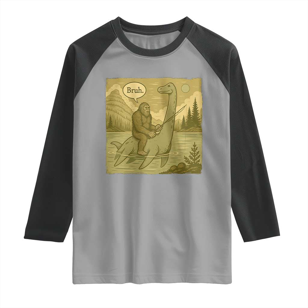 Funny Bigfoot Fishing Raglan Shirt Sasquatch Loch Ness Monster Introvert Bruh - Wonder Print Shop
