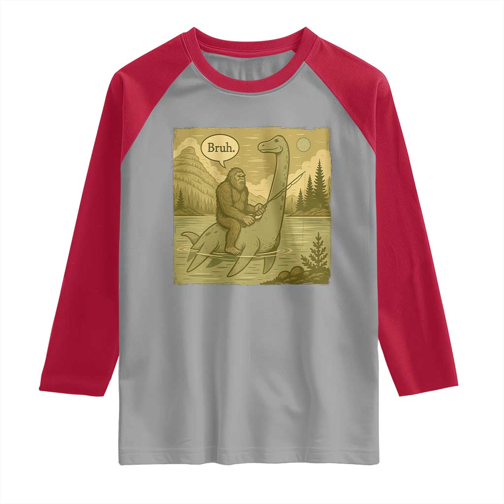 Funny Bigfoot Fishing Raglan Shirt Sasquatch Loch Ness Monster Introvert Bruh - Wonder Print Shop